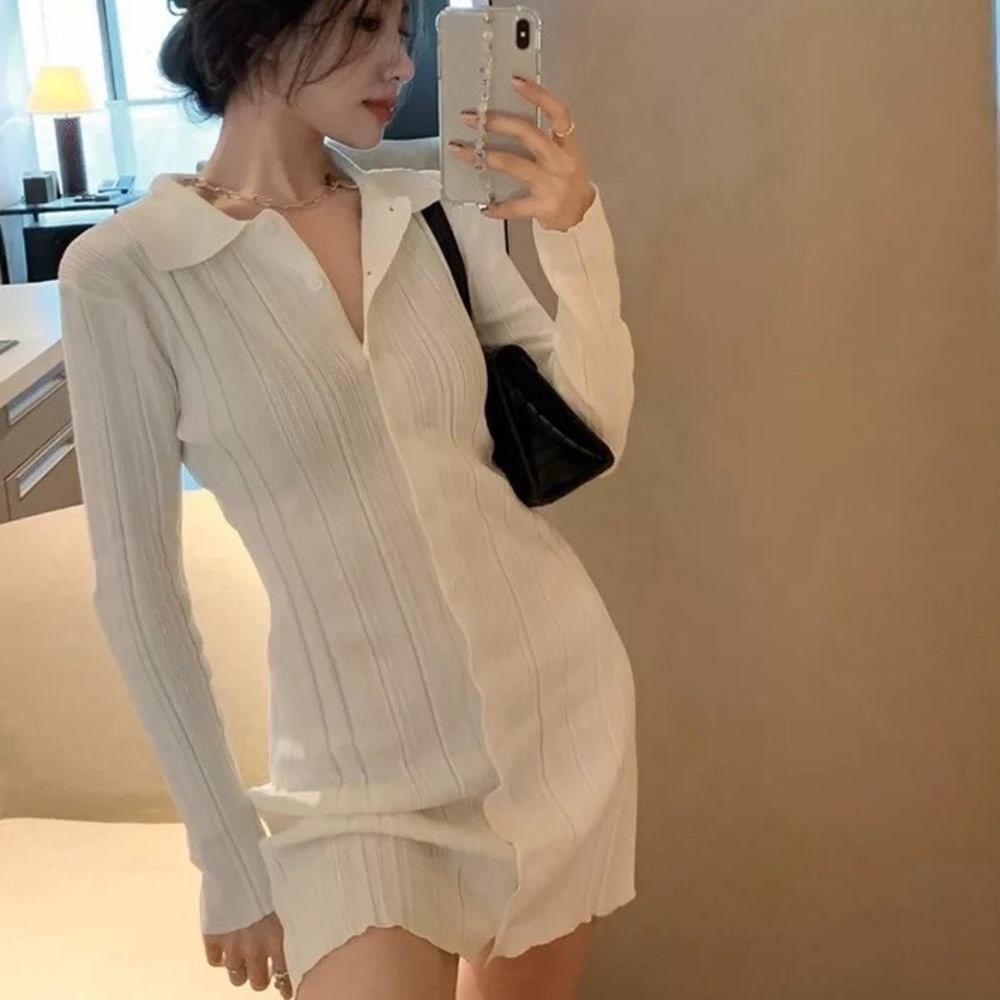 Cardigan sweater dress collar button cream white long top